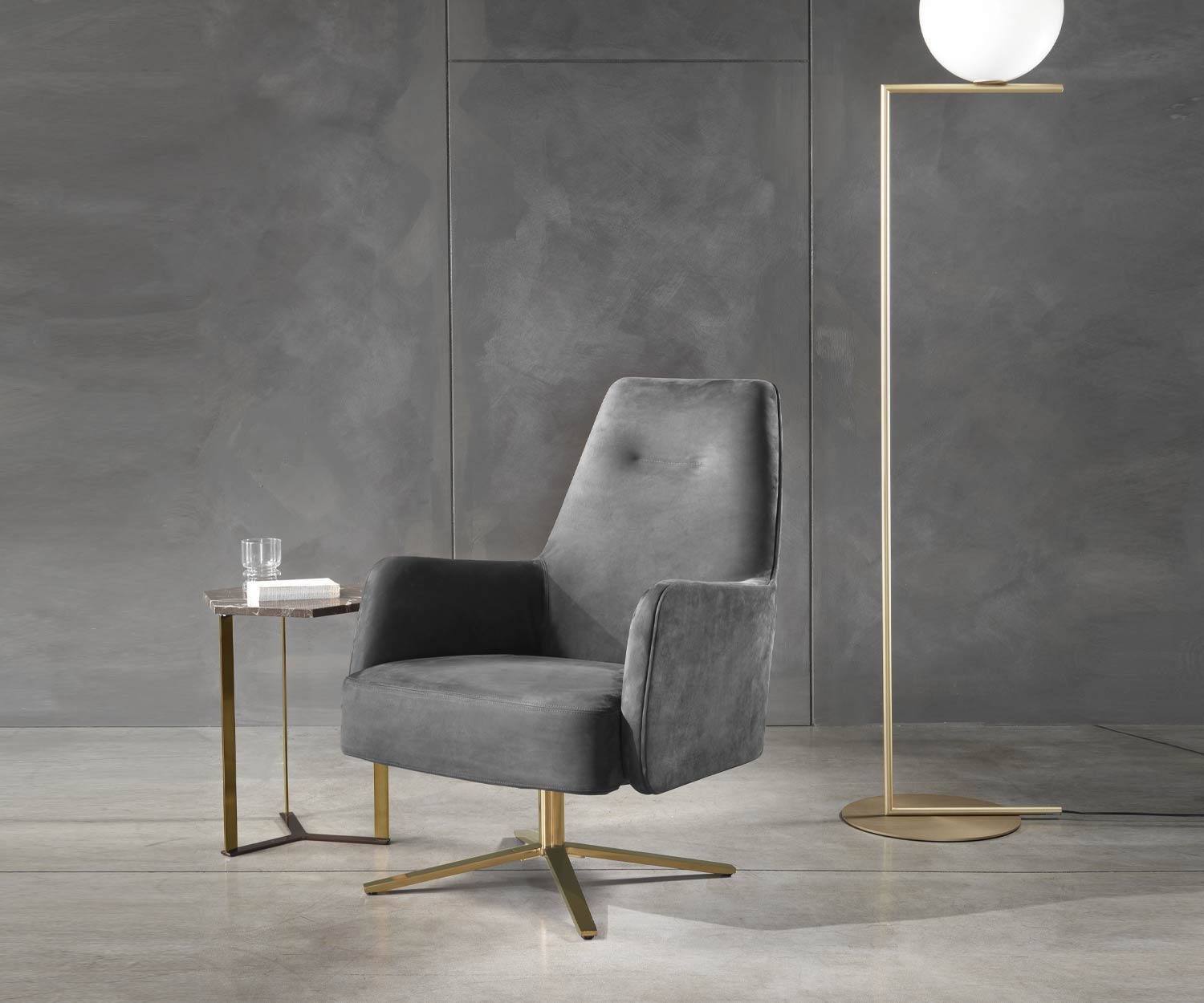 High-quality Marelli Designer armchair Clipper Brass base frame Cover dark grey