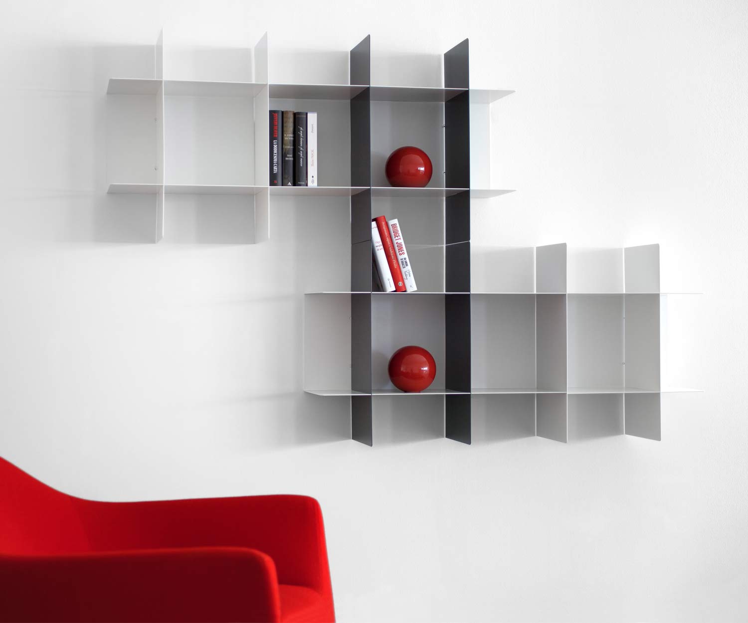 High-quality modular system MEME Design Bookcase for the wall made of metal