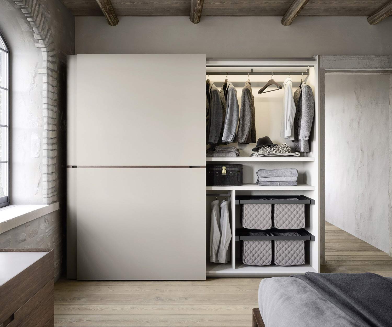 Novamobili Middle wardrobe with sliding doors open with light