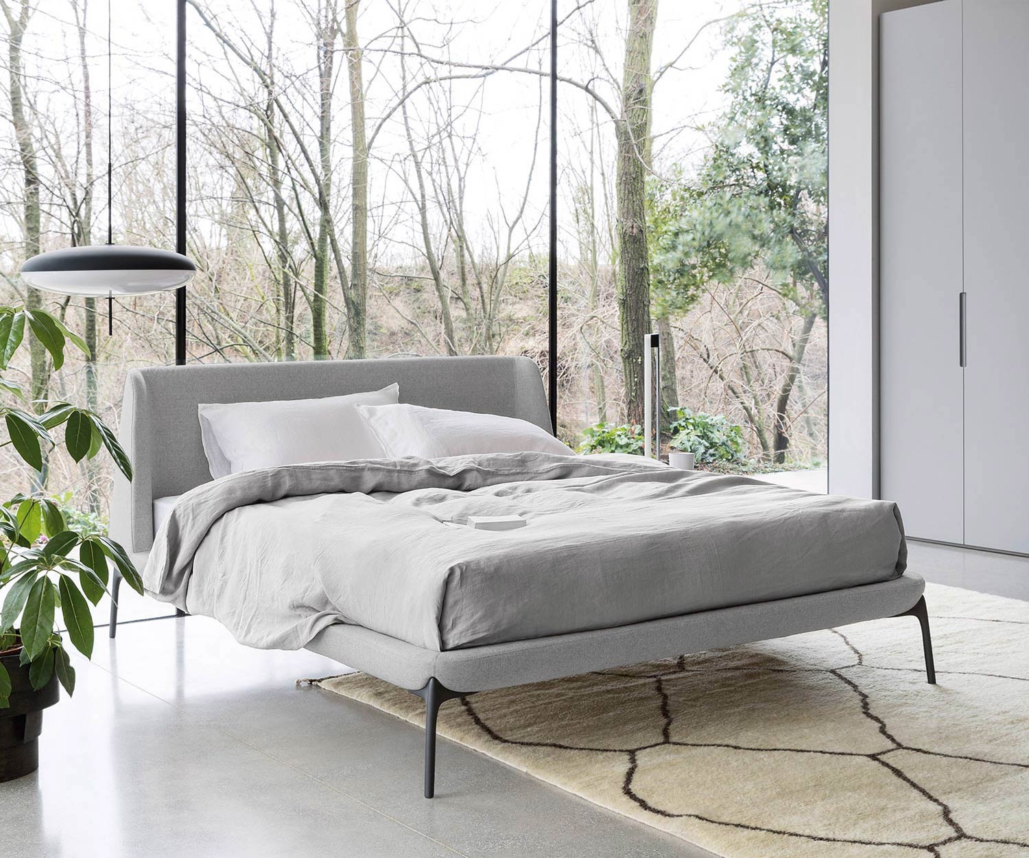 Novamobili Velvet upholstered bed in the bedroom grey fabric cover burnished legs