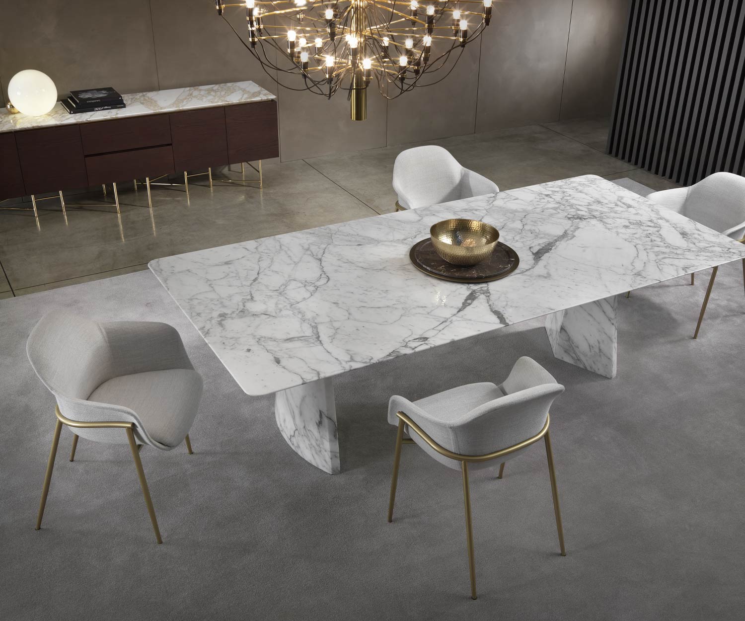 Elegant design dining table marble panoramic view in the dining room white Arabescato