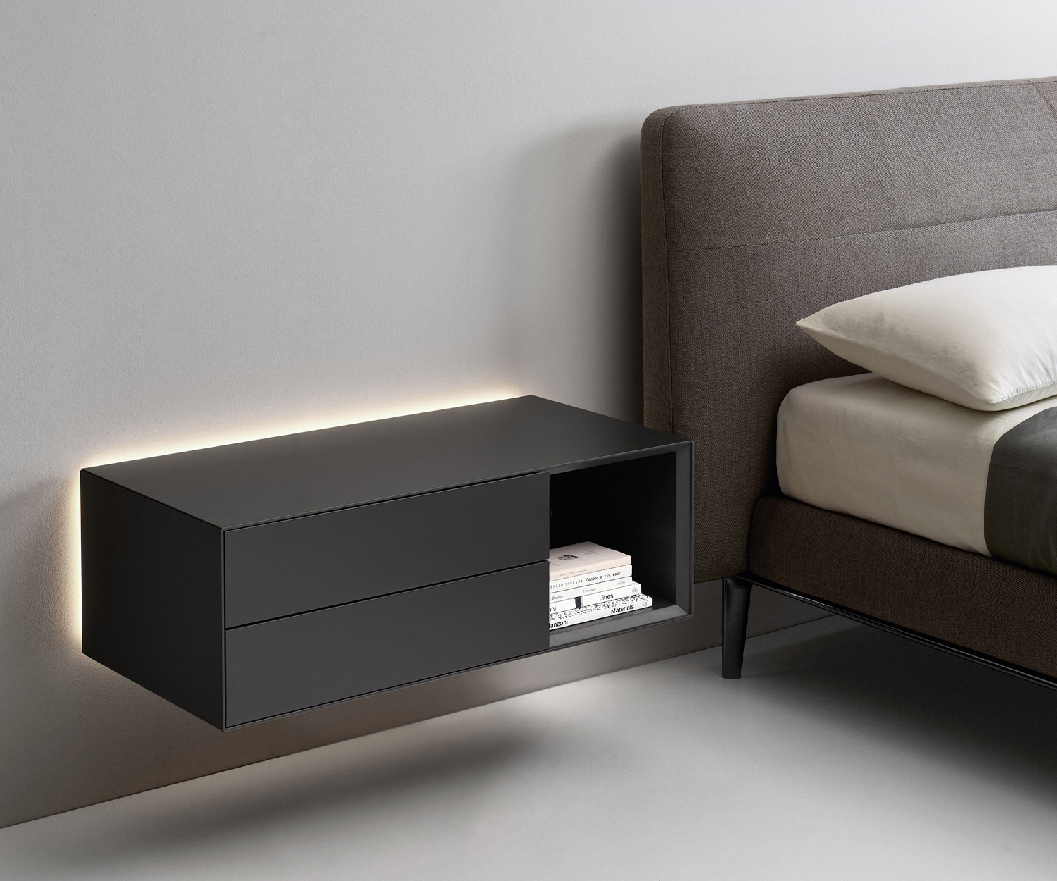 Handleless bedside cabinet Open Ecletto from Livitalia 2 drawers hanging next to bed