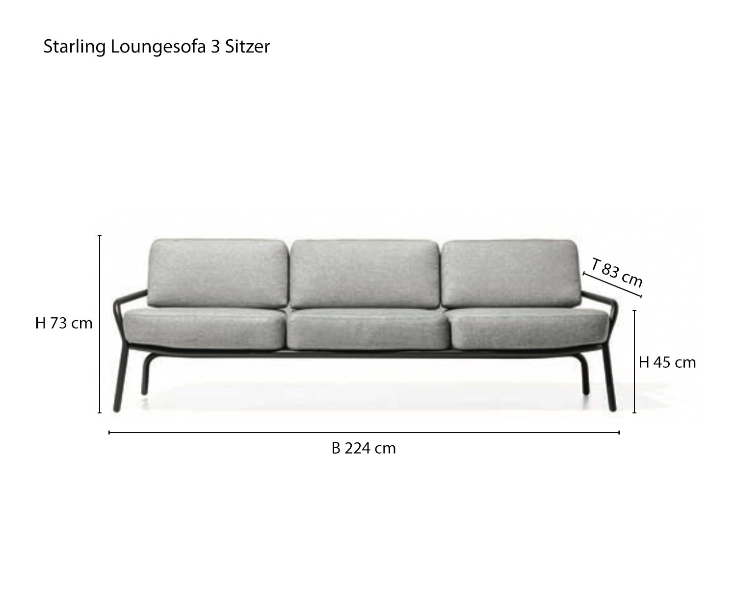 3 seater sketch of the Todus Starling designer balcony sofa 