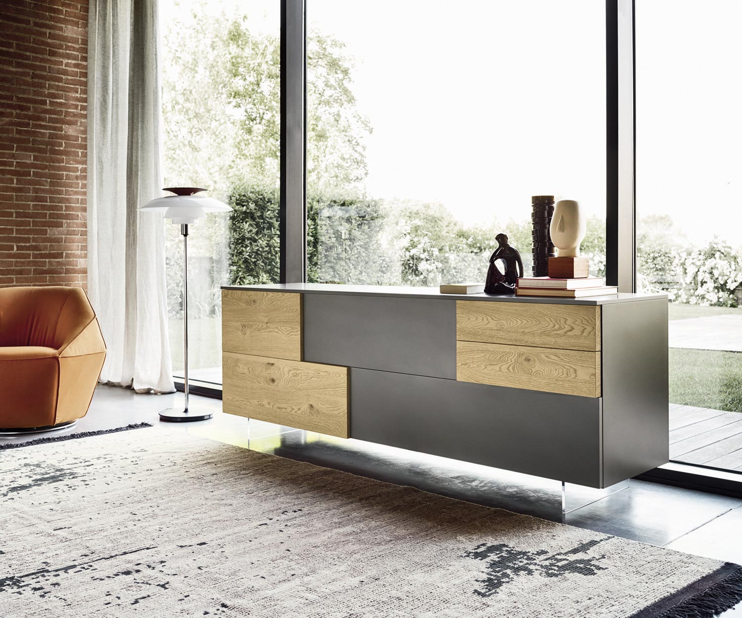 Exclusive Livitalia Design sideboard Incontro matt lacquer dark grey oak real wood