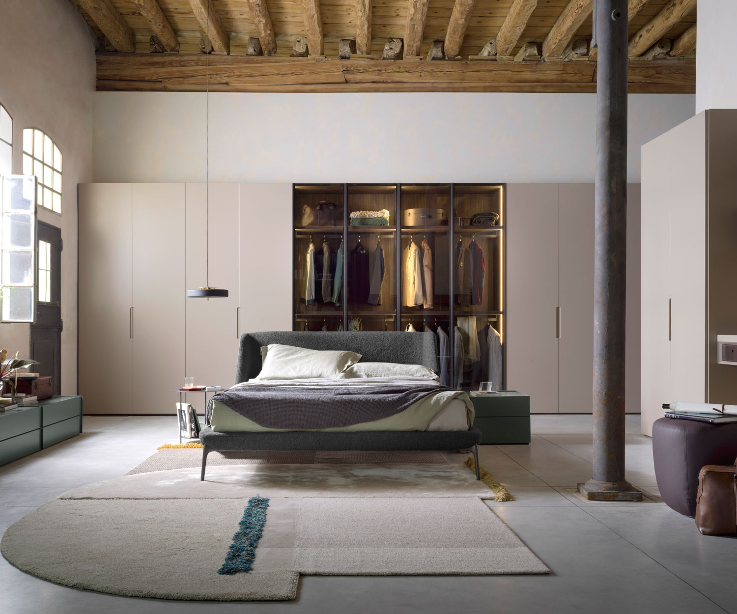High-quality designer bed Novamobili Velvet in the bedroom grey fabric cover