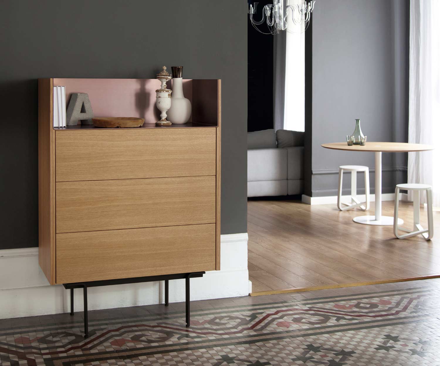 High-quality design high chest of drawers super matt oak aluminium cover shelf