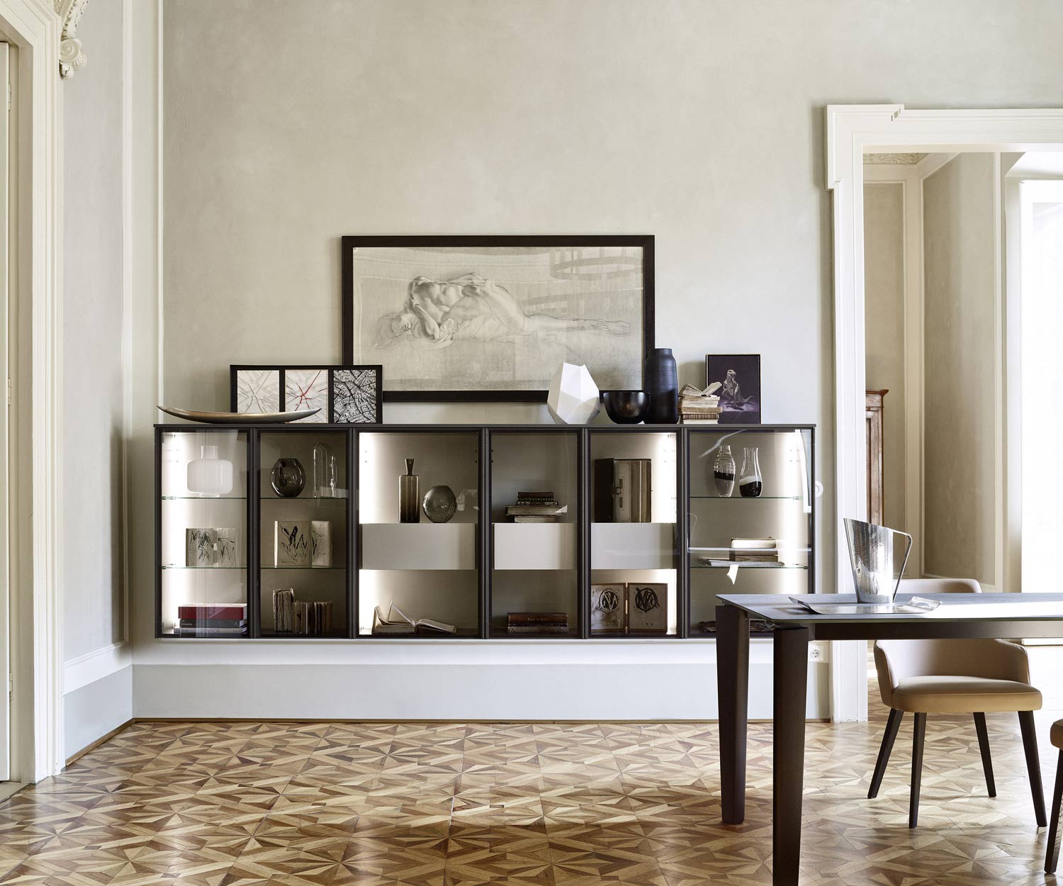 Exclusive hanging Livitalia design glass cabinet in brown matt