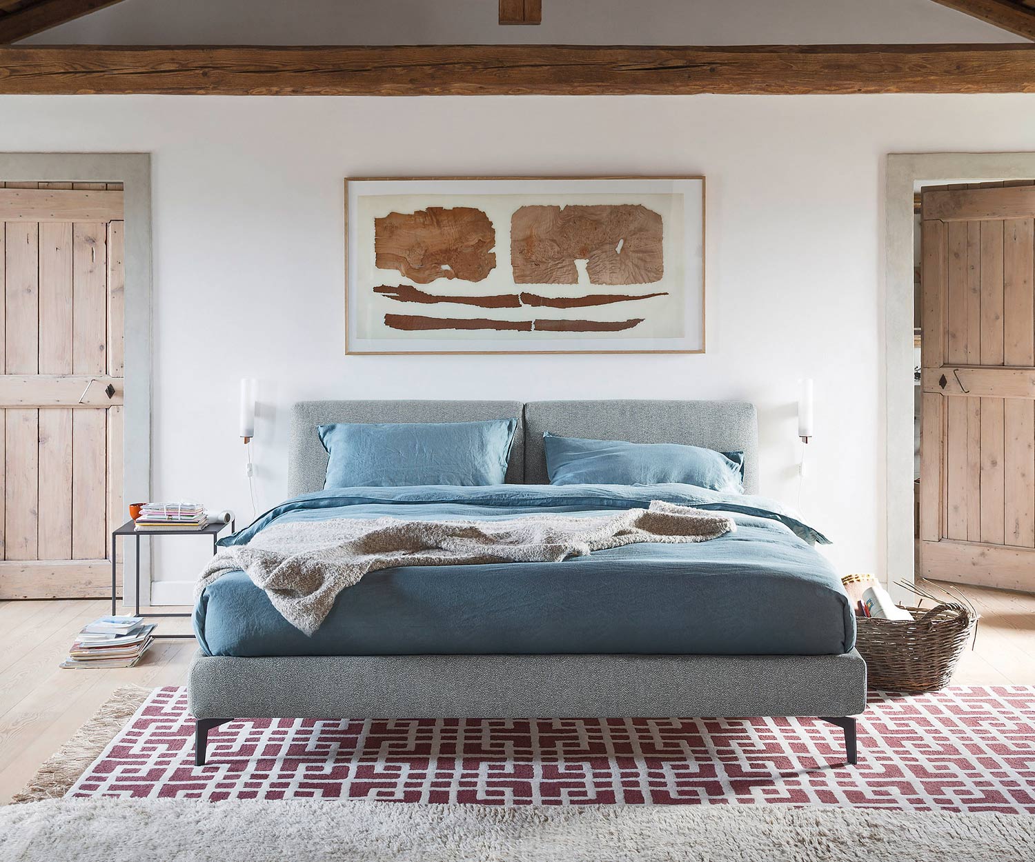Margot design bed from Novamobili in the old building bedroom grey fabric cover