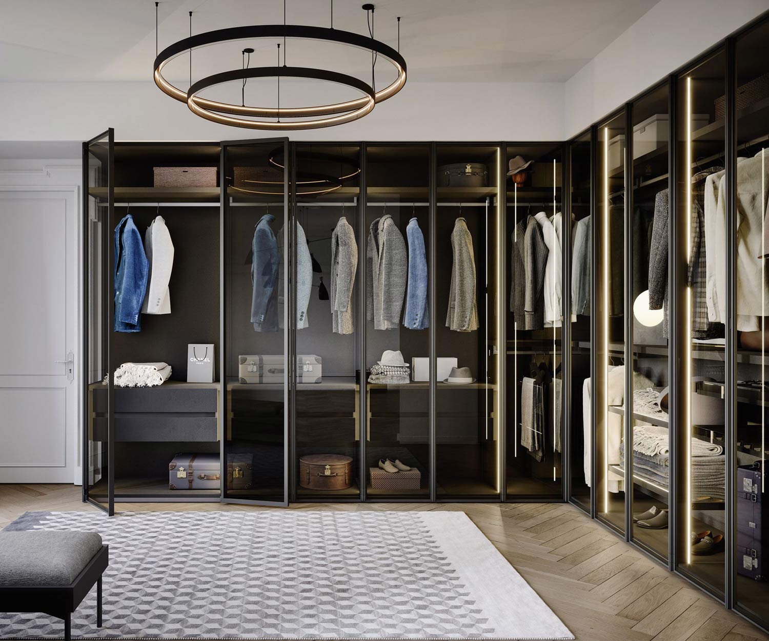 Luxury dressing room with glass doors Lighting