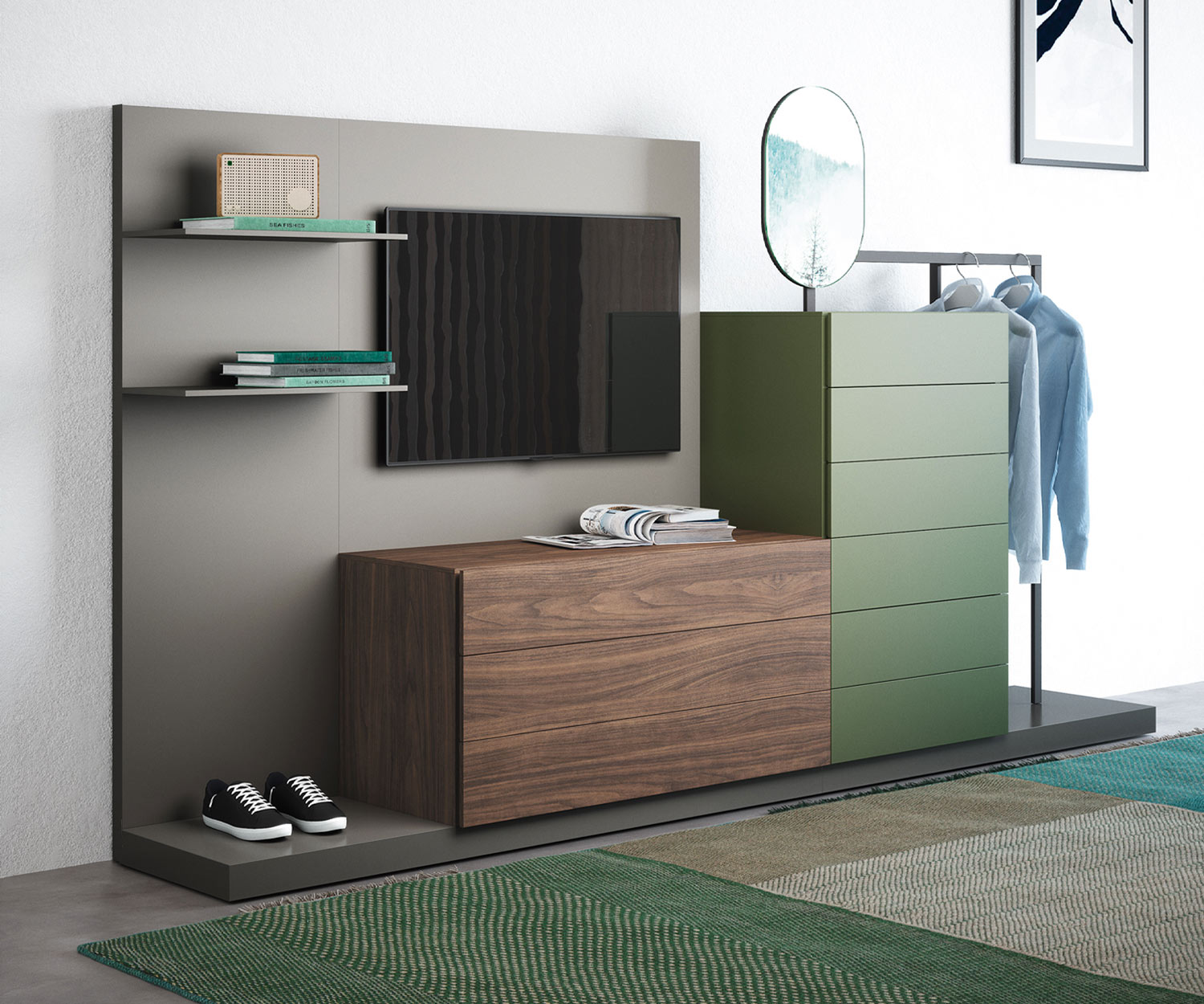 Exclusive Easy 9 design chest of drawers with wardrobe and TV panel from Novamobili