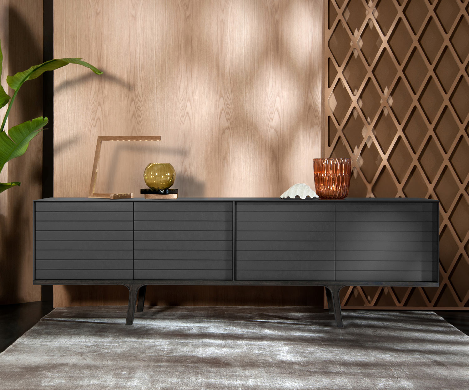 Exclusive al2 Mobius 002 Design sideboard eucalyptus base and feet dark grey