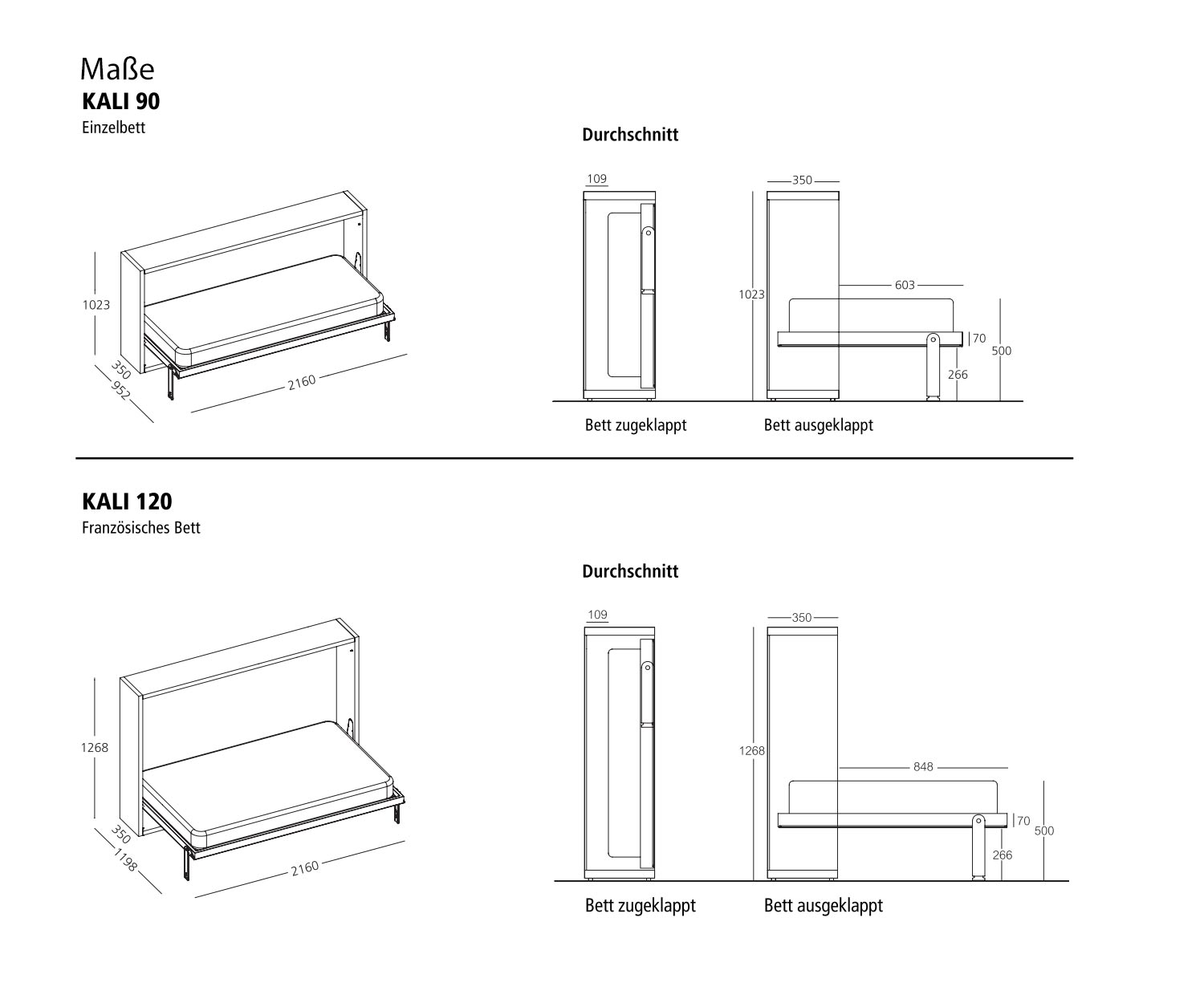Clei Kali 90/120 design foldaway bed sketch dimensions
