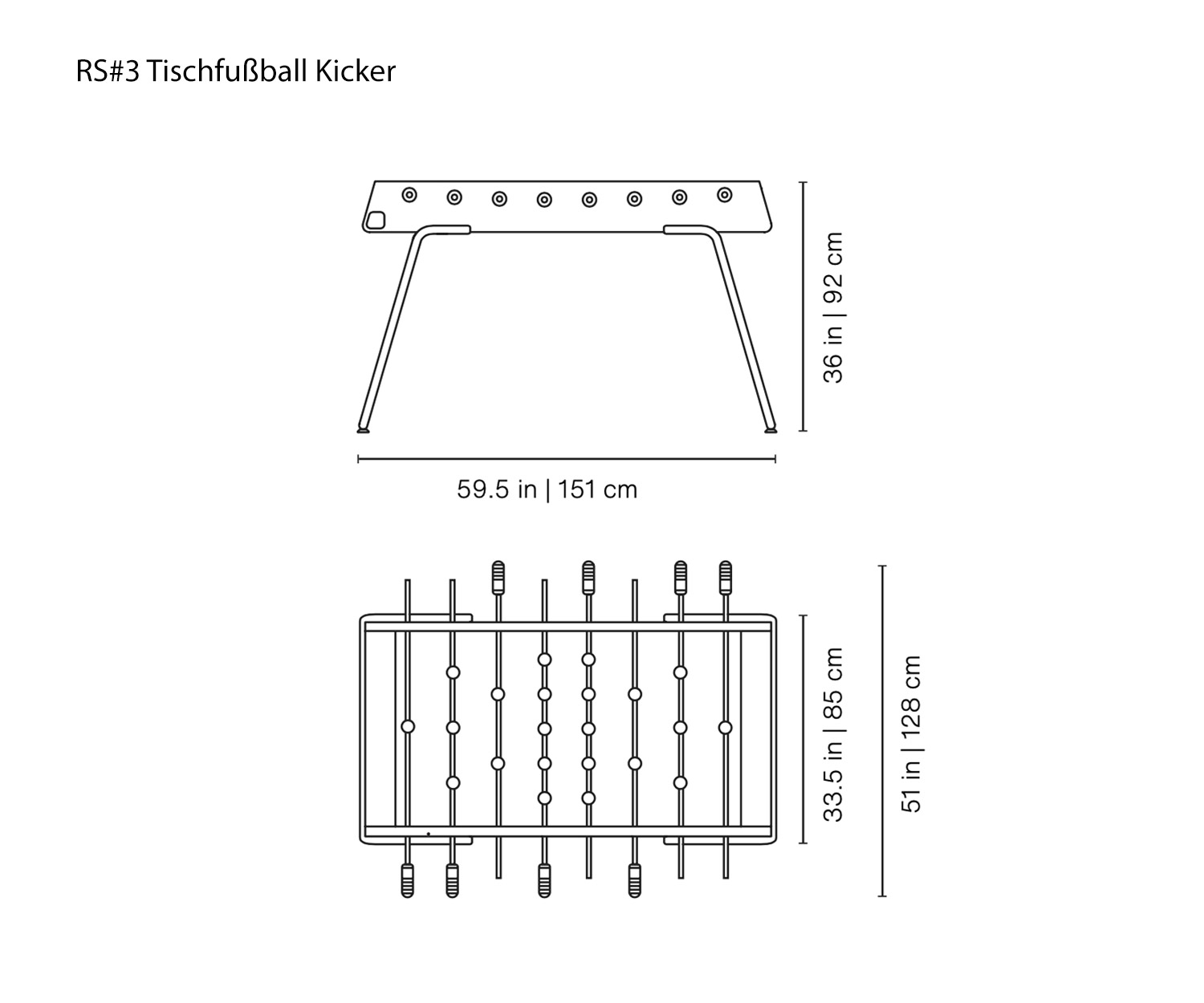 RS Barcelona Designer foosball table football RS#3 Sketch Dimensions Sizes Sizes