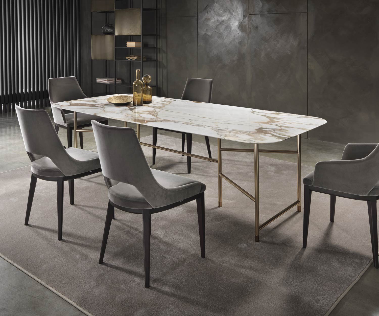 Elegant Marelli Kyoto design dining table Calacatta marble table top Panorama view