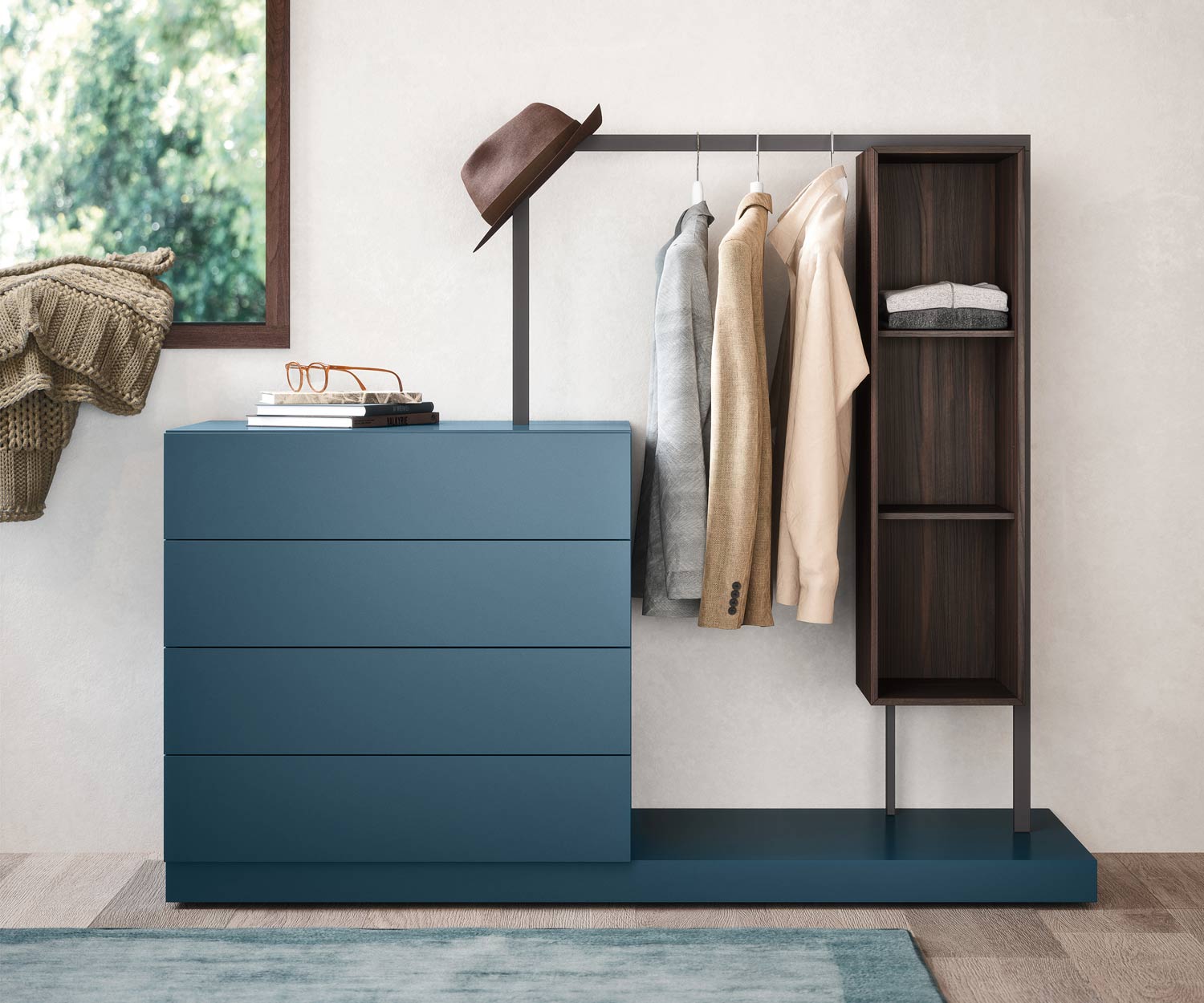 High-quality Easy 4 chest of drawers from Novamobili with wardrobe and shelving unit