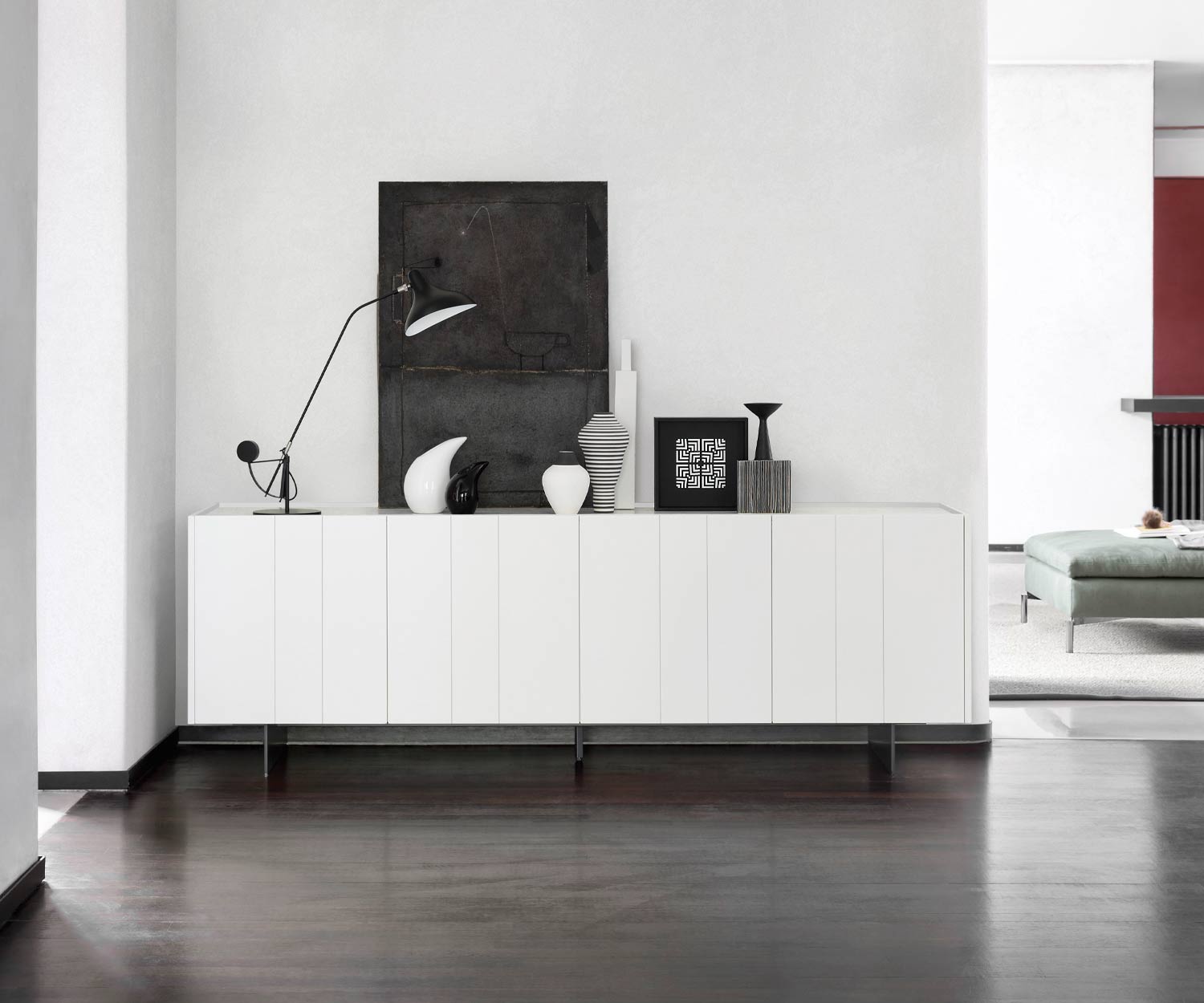 Exclusive designer sideboard Stripe with four doors in living room white