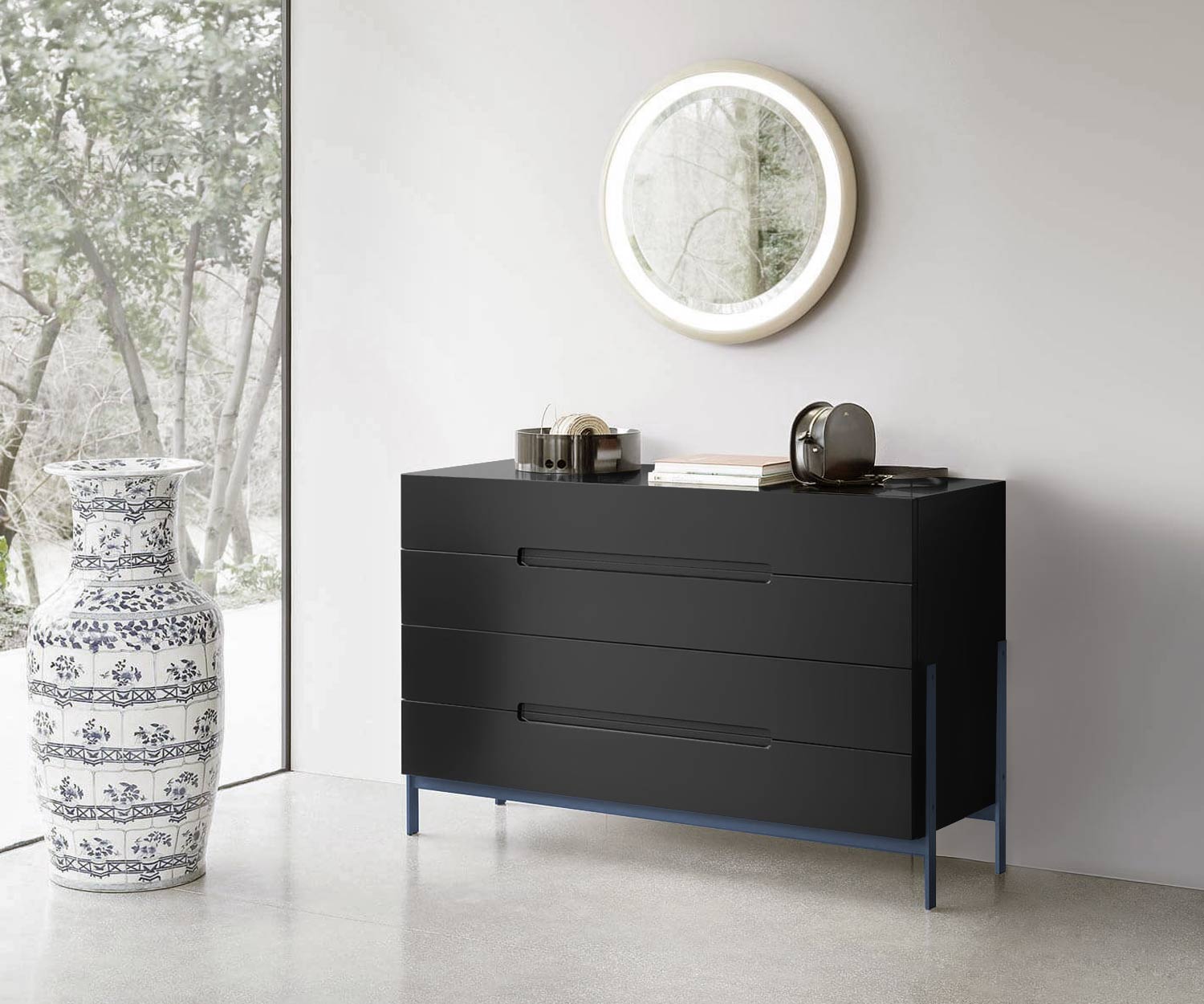 Exclusive Novamobili Float design chest of drawers on blue legs in black