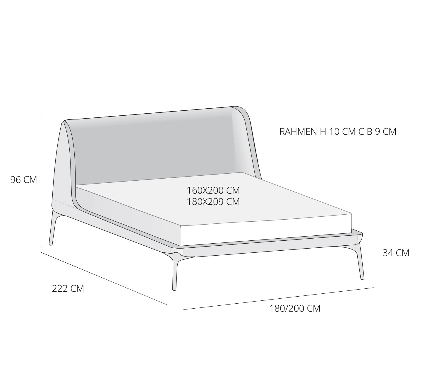 Bedroom bed Velvet from Novamobili Sketch Dimensions Sizes Size specifications