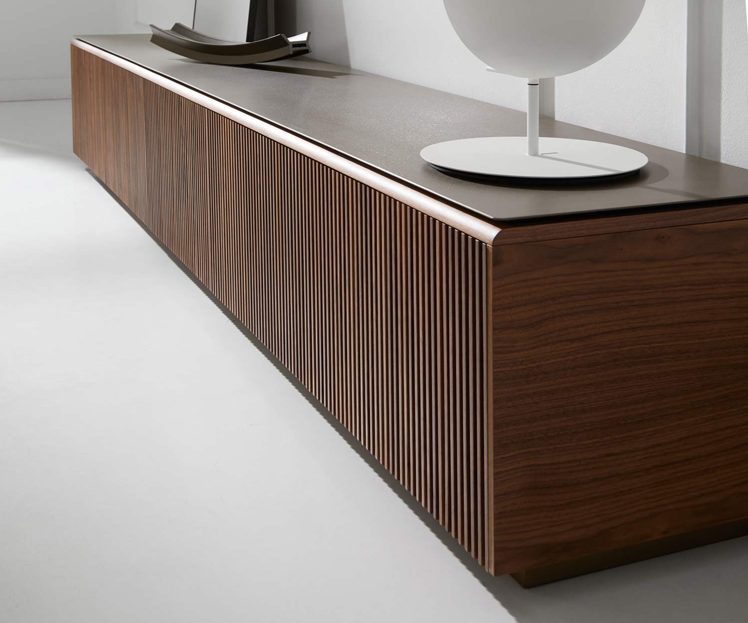 Exclusive design TV design lowboard detail cover shelf aluminium walnut veneer